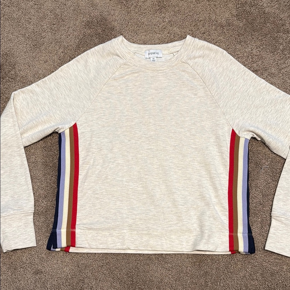 Evereve Women’s Sweatshirt Size XS - Oatmeal with multi-colored Stripes So Soft!